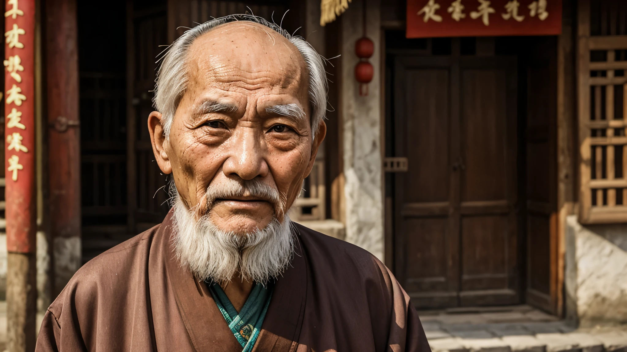 A lonely old man with traditional Chinese thinking，Real frontal photos，Authentic background，The background is traditional chinese street，worn-out clothing，Face full of wrinkles，80-year-old man，Wise eyes，The beard is white，male，country style