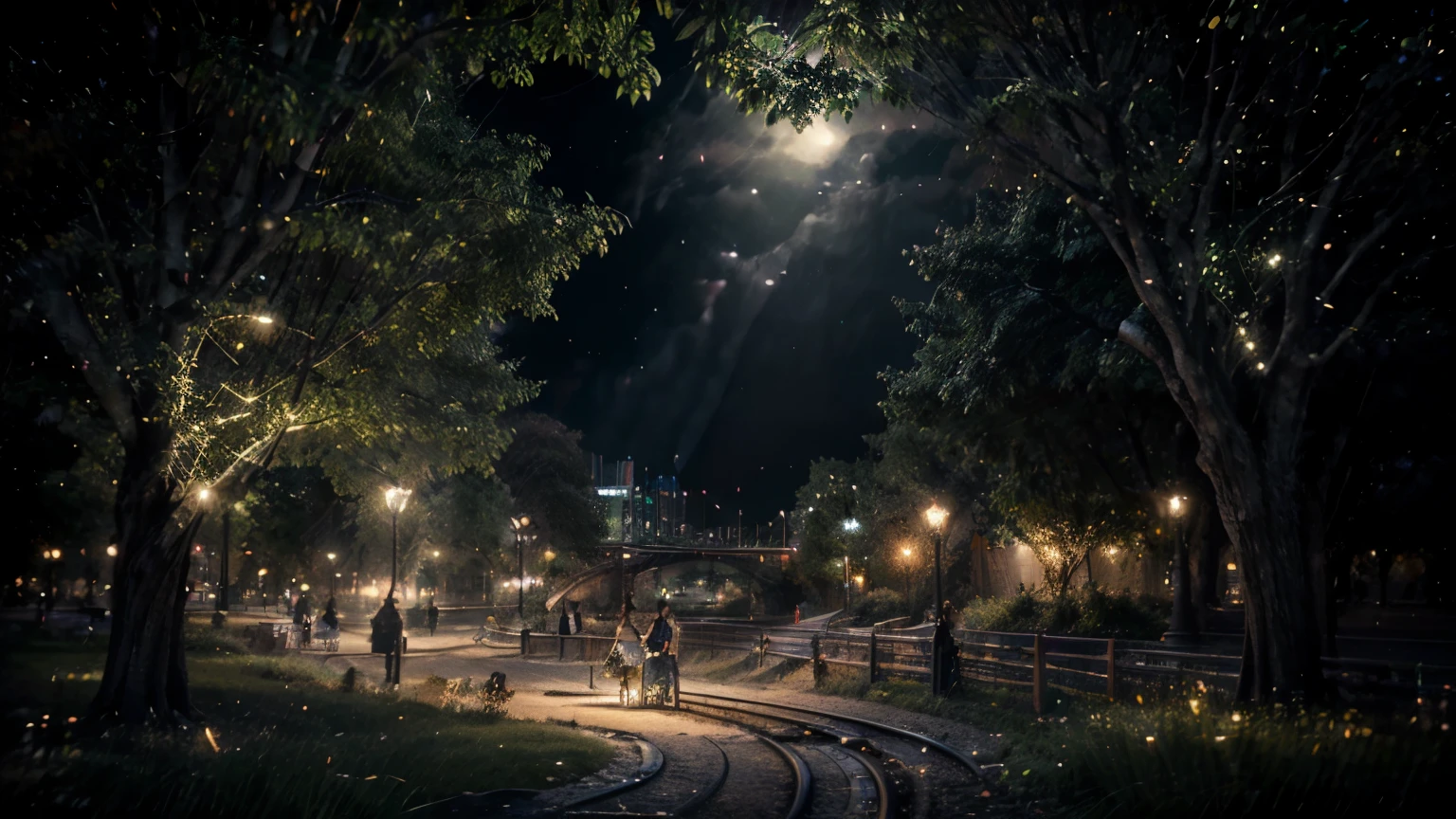 An enchanting summer night in a city. A view across railtrack to large park behind white park fence. Many lights, garlands, music, people. Far glitering lake in moonlight.