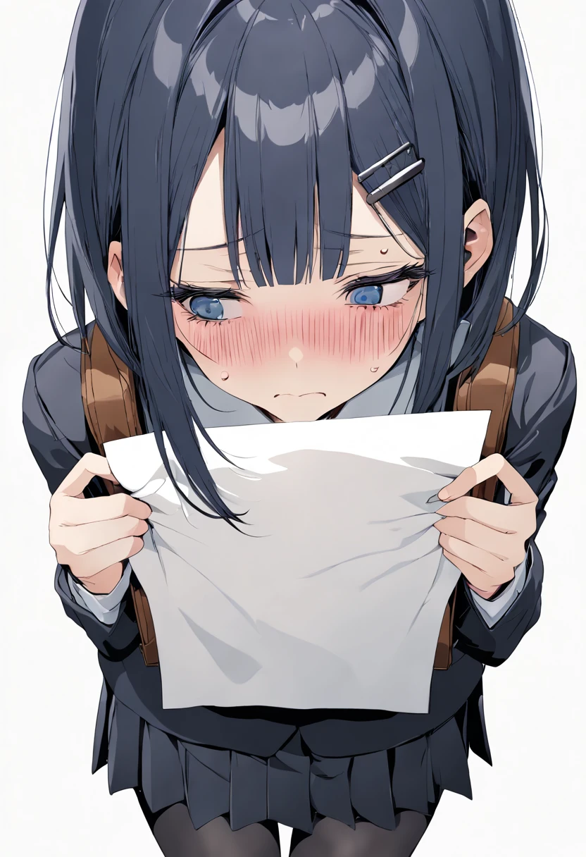 masterpiece, best quality, perfect hands, showing a peice of paper, holding paper, facing viewer, (blush, looking away, sweating, very nervous expression), medium shot, standing:1.1, 1girl, solo, negative space, ((simple white background, white background)), a girl in a school uniform, half closed eyes, detailed eyelashes, sharp eyes, dark royal hair, dark blue hair, medium length hair, hair behind ear, black hairclip:1, side bangs, (black blazer, black pleated skirt, black tights), simple, facing viewer, manga illustration style, bangs, black backpack, 18 years old, rating: safe
