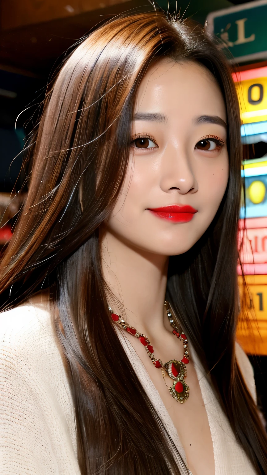(best quality, ultra-high resolution, real, photorealistic, 8K), BREAK, a Japanese girl, (full body:1.4), BREAK, detailed hair, long and curly brown hair, colorful hair, detailed face, detailed skin, white skin, brown eyes, blushing cheeks, detailed red lips, drunk, BREAK, smile, BREAK, detailed clothings, (darts's costume:1.2, a large and long necklace:1.2), BREAK, (in the darts bar:1.4, natural lighting)