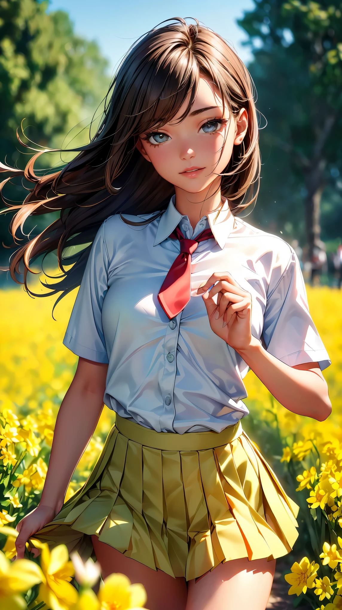 (8K, RAW photo, 最high quality, masterpiece:1.2), High-definition RAW color photo, professional photography, concept art, (((1人のlikeい女性))), (sharp features), (small face), (high detail skin:1.2), clavicle, cute face, beautiful appearance, beautiful eyelashes, (brown hair, brown eyes), (beautiful breasts), (slim body shape:1.4), Highly detailed face and skin texture, detailed eyes, double eyelid, ((bright yellow flower field;1.2, rape blossom field, Beautiful high school girl running through a flower field)), wood々Soft sunlight shining through, Delicate petals dancing in the breeze, Natural beauty in full bloom, soft blue sky, A gentle shadow that emits an elegant shine, Dew drops shining on various petals, flowing, Elegant movement, Joyful expression, dreamy atmosphere, ((, private high school uniform, white shirt and red tie, pleated skirt, blue color uniform:1.3)), Clothes fluttering in the refreshing breeze, dynamic motion blur effect, like々new energy, beautiful skin, shiny skin, (((perfect fingers, five fingers, anatomically correct))), background bokeh, high quality, bright colors, ((award winning photography, Realistic light and shadow with attention to detail)), Immersive 3D rendering, Professional 3D artistry,