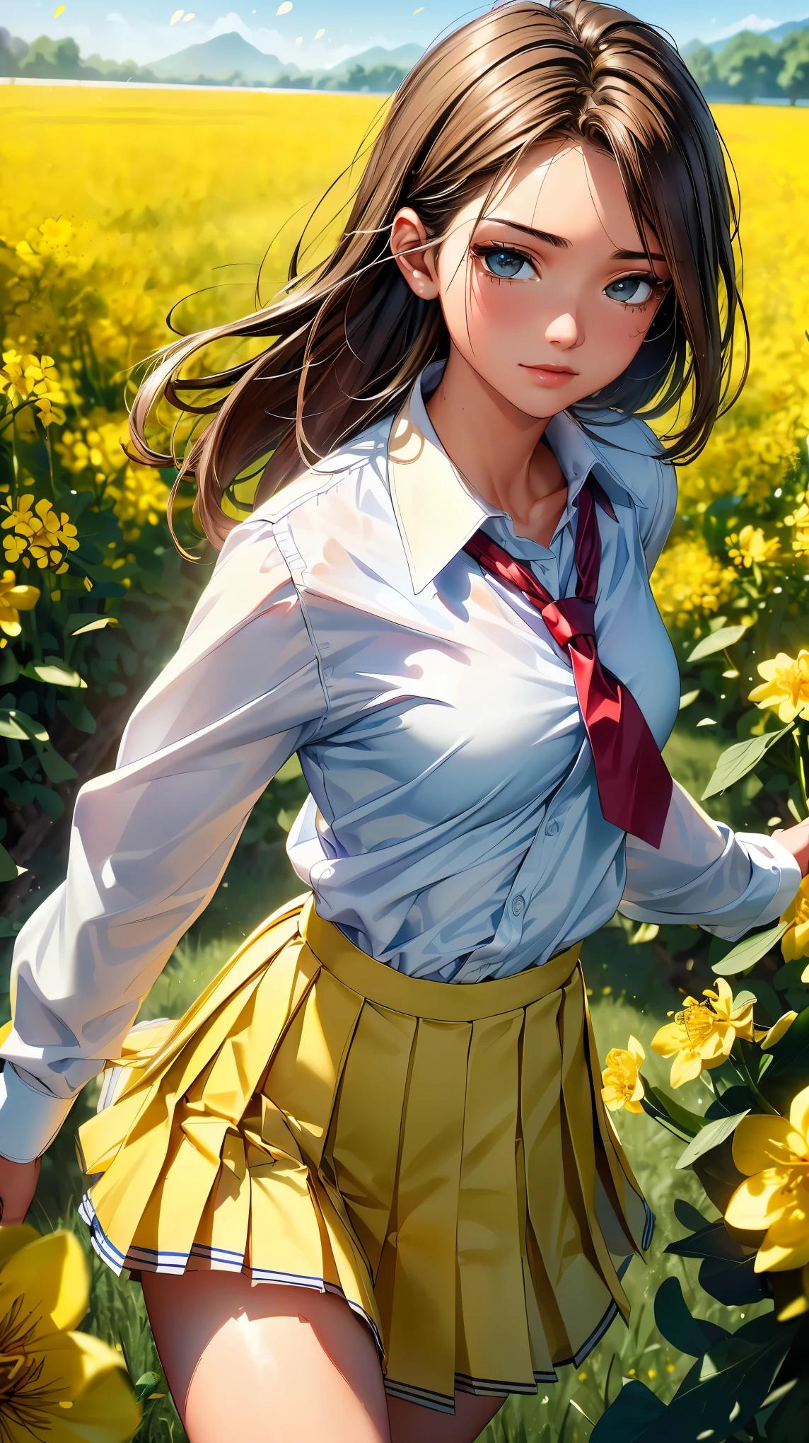 (8K, RAW photo, 最high quality, masterpiece:1.2), High-definition RAW color photo, professional photography, concept art, (((1人のlikeい女性))), (sharp features), (small face), (high detail skin:1.2), clavicle, cute face, beautiful appearance, beautiful eyelashes, (brown hair, brown eyes), (beautiful breasts), (slim body shape:1.4), Highly detailed face and skin texture, detailed eyes, double eyelid, ((bright yellow flower field;1.2, rape blossom field, Beautiful high school girl running through a flower field)), wood々Soft sunlight shining through, Delicate petals dancing in the breeze, Natural beauty in full bloom, soft blue sky, A gentle shadow that emits an elegant shine, Dew drops shining on various petals, flowing, Elegant movement, Joyful expression, dreamy atmosphere, ((, private high school uniform, white shirt and red tie, pleated skirt, blue color uniform:1.3)), Clothes fluttering in the refreshing breeze, dynamic motion blur effect, like々new energy, beautiful skin, shiny skin, (((perfect fingers, five fingers, anatomically correct))), background bokeh, high quality, bright colors, ((award winning photography, Realistic light and shadow with attention to detail)), Immersive 3D rendering, Professional 3D artistry,