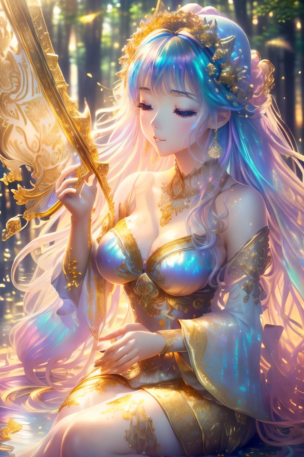 best quality, 32k, RAW photo, incredibly absurdres, extremely detailed, delicate texture, beautiful goddess playing a large shining gold plated harp, wearing white lace translucent hagoromo, background (fantastic haze, scattered gold powder, forest fountain, iridescent pastel colors, wind-effect, light-effect, professional lighting:1.4)