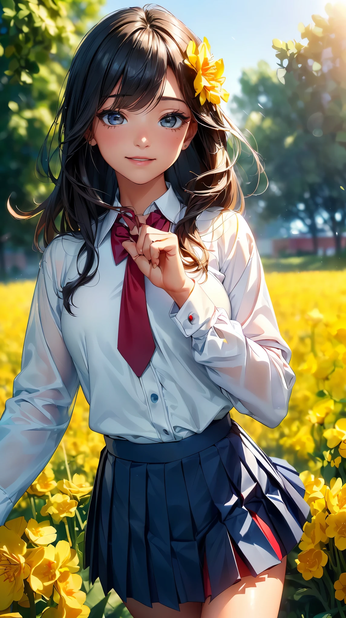 (8K, RAW photo, 最high quality, masterpiece:1.2), High-definition RAW color photo, professional photography, concept art, (((1人のlikeい女性))), (sharp features), (small face), (high detail skin:1.2), clavicle, cute face, beautiful appearance, beautiful eyelashes, (black hair, brown eyes, wavy hair), (beautiful breasts), (slim body shape:1.4), Highly detailed face and skin texture, detailed eyes, double eyelid, ((bright yellow flower field;1.2, rape blossom field, Beautiful high school girl running through a flower field)), wood々Soft sunlight shining through, Delicate petals dancing in the breeze, Natural beauty in full bloom, soft blue sky, A gentle shadow that emits an elegant shine, Dew drops shining on various petals, flowing, Elegant movement, (((Joyful expression, smile:1.2, open your mouth and laugh))), dreamy atmosphere, ((, private high school uniform, white shirt and red tie, dark blue pleated skirt:1.5)), Clothes fluttering in the refreshing breeze, dynamic motion blur effect, like々new energy, beautiful skin, shiny skin, (((perfect fingers, five fingers, anatomically correct))), background bokeh, high quality, bright colors, ((award winning photography, Realistic light and shadow with attention to detail)), Immersive 3D rendering, Professional 3D artistry,