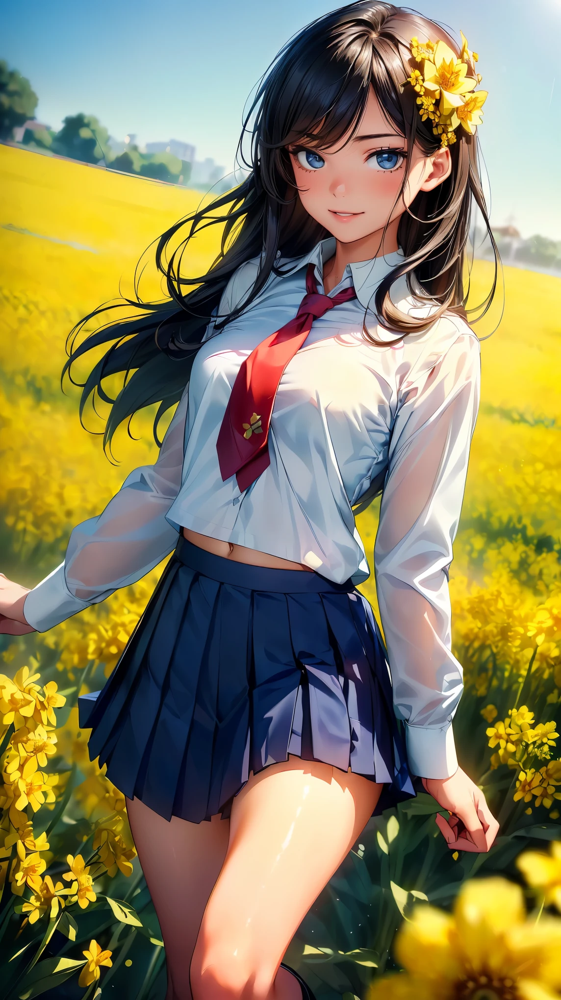 (8K, RAW photo, 最high quality, masterpiece:1.2), High-definition RAW color photo, professional photography, concept art, (((1人のlikeい女性))), (sharp features), (small face), (high detail skin:1.2), clavicle, cute face, beautiful appearance, beautiful eyelashes, (blonde, blue colored eyes, long hair), (beautiful breasts), (slim body shape:1.4), Highly detailed face and skin texture, detailed eyes, double eyelid, ((bright yellow flower field;1.2,  blossom field, Beautiful high school girl running through a flower field)), wood々Soft sunlight shining through, Delicate petals dancing in the breeze, Natural beauty in full bloom, soft blue sky, A gentle shadow that emits an elegant shine, Dew drops shining on various petals, flowing, Elegant movement, (Put your hands behind your body:1.5), (((Joyful expression, smile:1.2, open your mouth and laugh))), dreamy atmosphere, ((, private high school uniform, white shirt and green tie, orange pleated skirt:1.5)), Clothes fluttering in the refreshing breeze, dynamic motion blur effect, like々new energy, beautiful skin, shiny skin, (((perfect fingers, five fingers, anatomically correct))), background bokeh, high quality, bright colors, ((award winning photography, Realistic light and shadow with attention to detail)), Immersive 3D rendering, Professional 3D artistry,