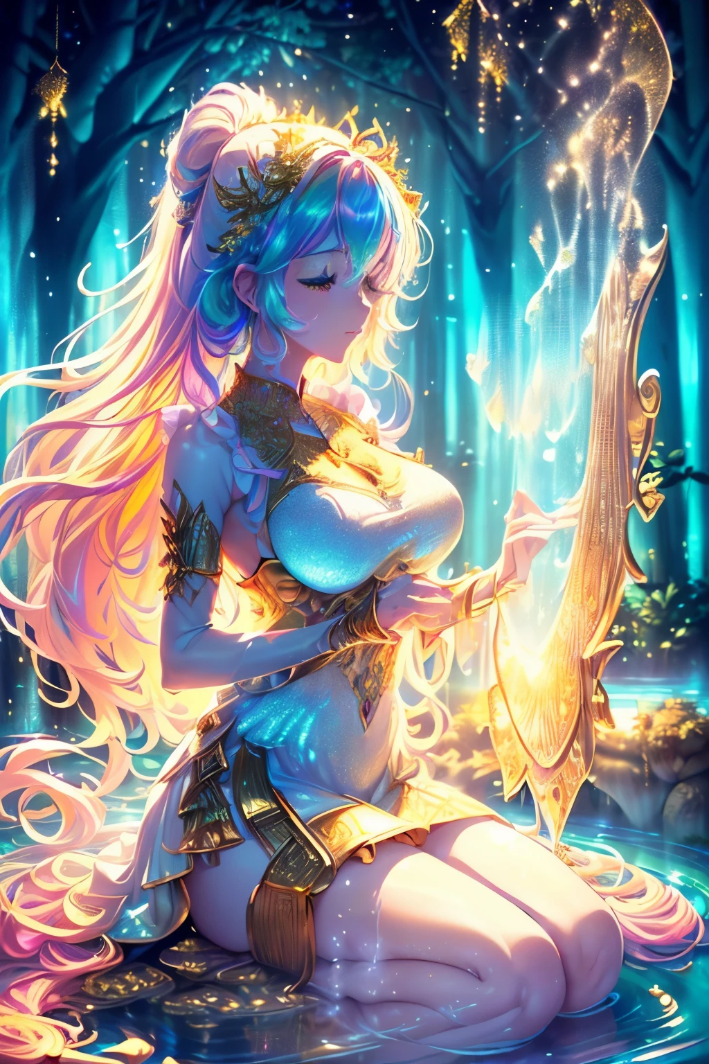 best quality, 32k, RAW photo, incredibly absurdres, extremely detailed, delicate texture, beautiful goddess playing a large shining gold plated harp, wearing white lace translucent hagoromo, background (fantastic haze, scattered gold powder, forest fountain, iridescent pastel colors, wind-effect, light-effect, professional lighting:1.4)