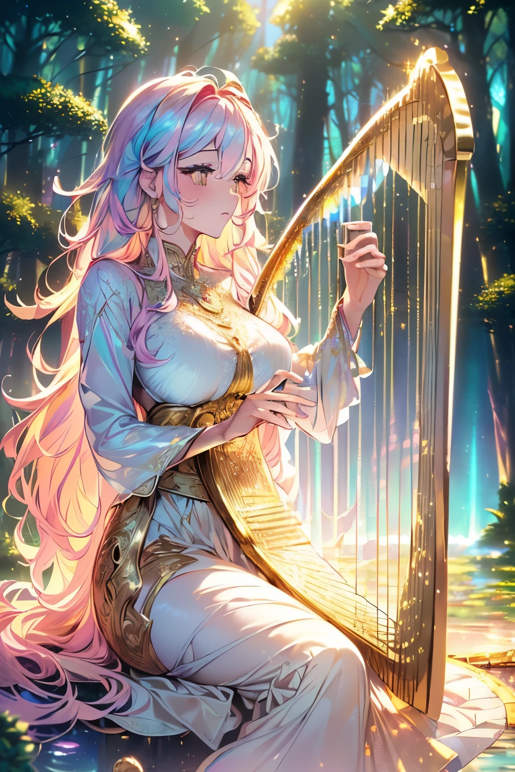 best quality, 32k, RAW photo, incredibly absurdres, extremely detailed, delicate texture, beautiful goddess playing (a large shining gold plated harp:1.4), wearing white lace translucent hagoromo, background (fantastic haze, scattered gold powder, forest fountain, iridescent pastel colors, wind-effect, light-effect, professional lighting:1.4)