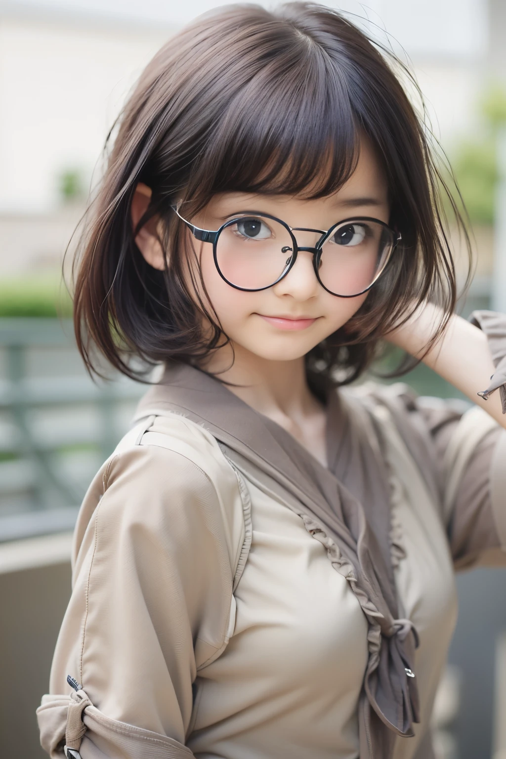 Best Quality, Focus, Soft Light, Black Hair, Black Eyes, , (((Round Glasses))), (Japanese)), (Blouse), (((Front, Face))), (Depth of Field), Ultra High Resolution, (Realistic: 1.4), RAW Photo, Upper Body