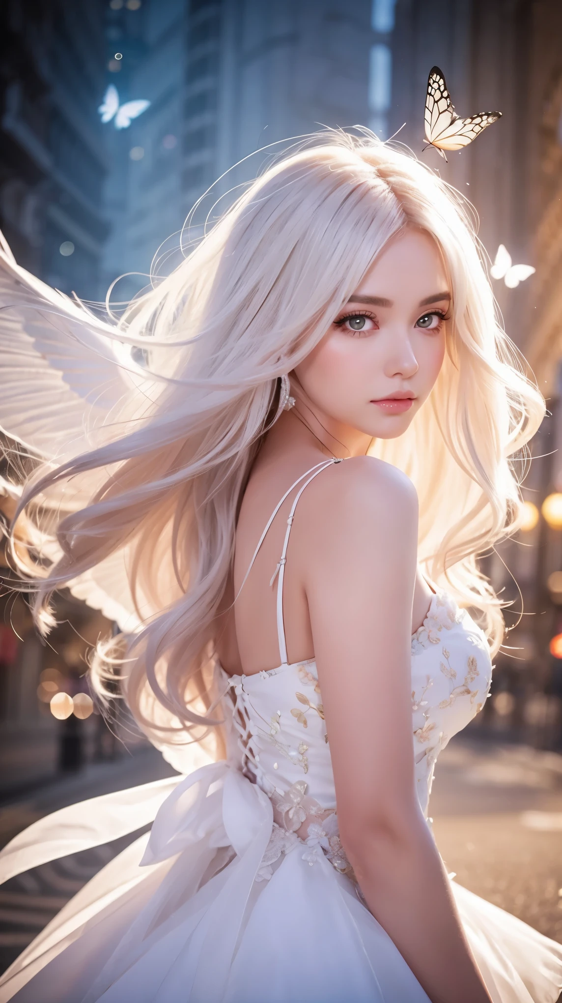 masterpiece, highest quality, (solo focus), (perfect face:1.1), (high detail:1.2), an angelic woman with long white hair, pink eyes, butterflies, she's surrounded by magic, wearing a white dress, pouty lips, angelic city detailed background, cinematic lighting, light volumetric lighting, majestic bokeh