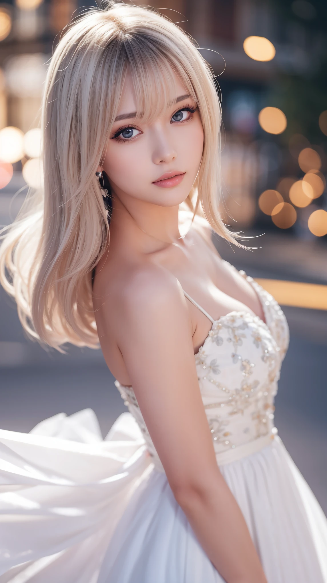 masterpiece, highest quality, (solo focus), (perfect face:1.1), (high detail:1.2), an angelic woman with long white hair, pink eyes, butterflies, she's surrounded by magic, wearing a white dress, pouty lips, angelic city detailed background, cinematic lighting, light volumetric lighting, majestic bokeh
