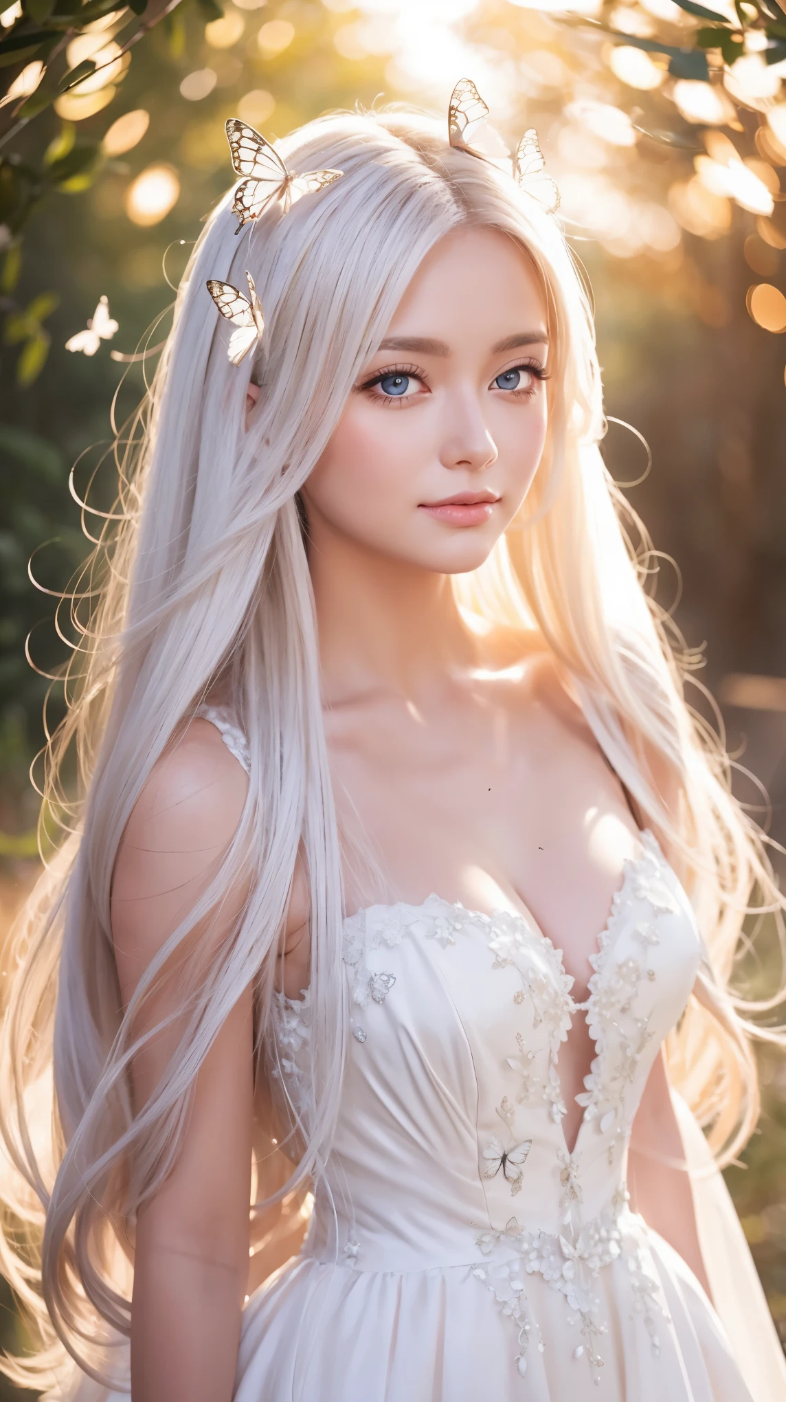 masterpiece, highest quality, (solo focus), (perfect face:1.1), (high detail:1.2), an angelic woman with long white hair, pink eyes, butterflies, she's surrounded by magic, wearing a white dress, pouty lips, angelic city detailed background, cinematic lighting, light volumetric lighting, majestic bokeh
