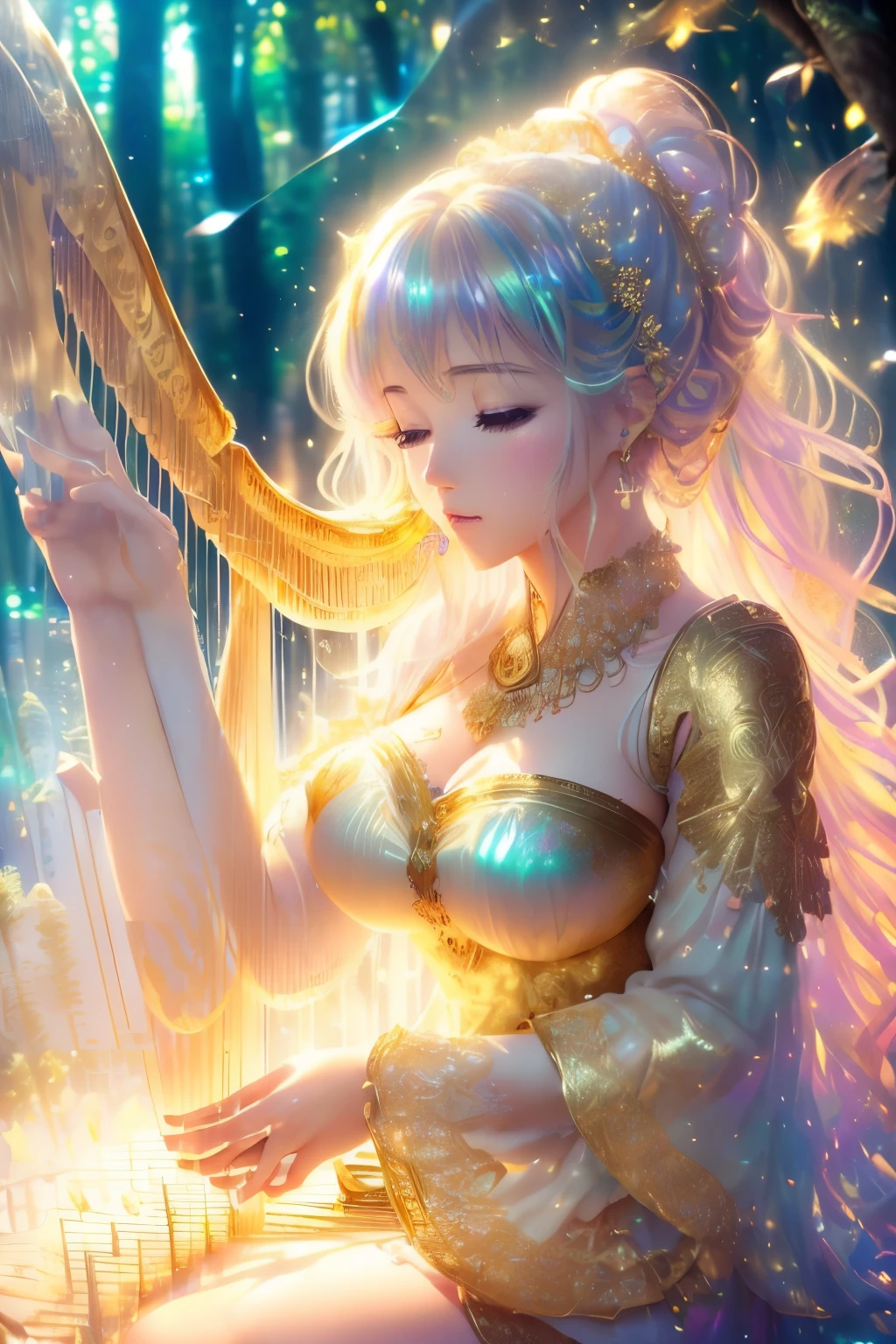 best quality, 32k, RAW photo, incredibly absurdres, extremely detailed, delicate texture, beautiful goddess playing (a large shining gold plated harp:1.4), wearing white lace translucent hagoromo, background (fantastic haze, scattered gold powder, forest fountain, iridescent pastel colors, wind-effect, light-effect, professional lighting:1.4)