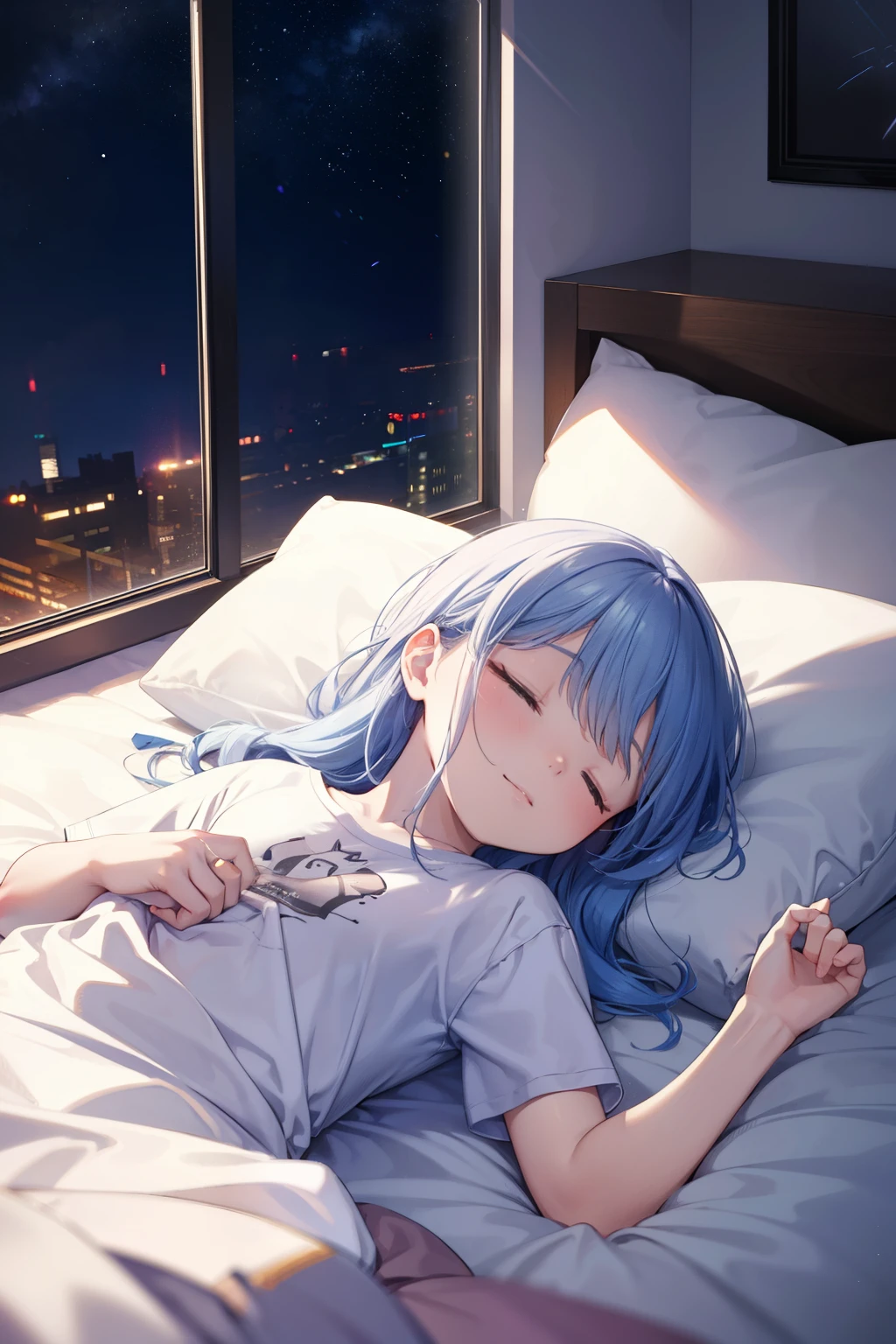 index, index, blue hair, long hair, (flat chest:1.2) ,girl sleeping with both eyes closed，smile，Bedroom， windows，romantic starry sky，A meteor crosses,T-shirt,white,sleeping in bed,night,sleep with your head on the pillow,Sleeping lying on your back in bed,dark room,night, break indoors, Bedroom, break (masterpiece:1.2), highest quality, High resolution, unity 8k wallpaper, (shape:0.8), highly detailed face, perfect lighting, Very detailed CG, (perfect hands, perfect anatomy),