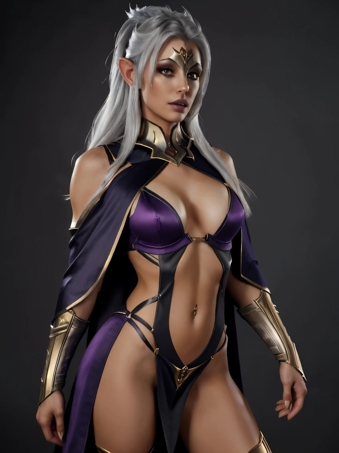 Morthati dark elf Sorceress queen, gorgeous model, slim athletic body, Dark elf City, ultra realistic, sorceress staff, Dark Elf, Perfect face, small lips, slim node, golden trim on clothes, wearing dark purple and golden sorceress robe, small elf ears, small lips, beautiful model, gorgeous model, unique face, small pointy straight ears, tiny breasts, tiny cup size, breasts 30A size, small waist, slim small hips, slim thigh, slim athletic legs, ultra realistic, wearing red purple and gold Bra armor and red purple and gold metal thong, very white and pale skin, Dark Elf tattoo's