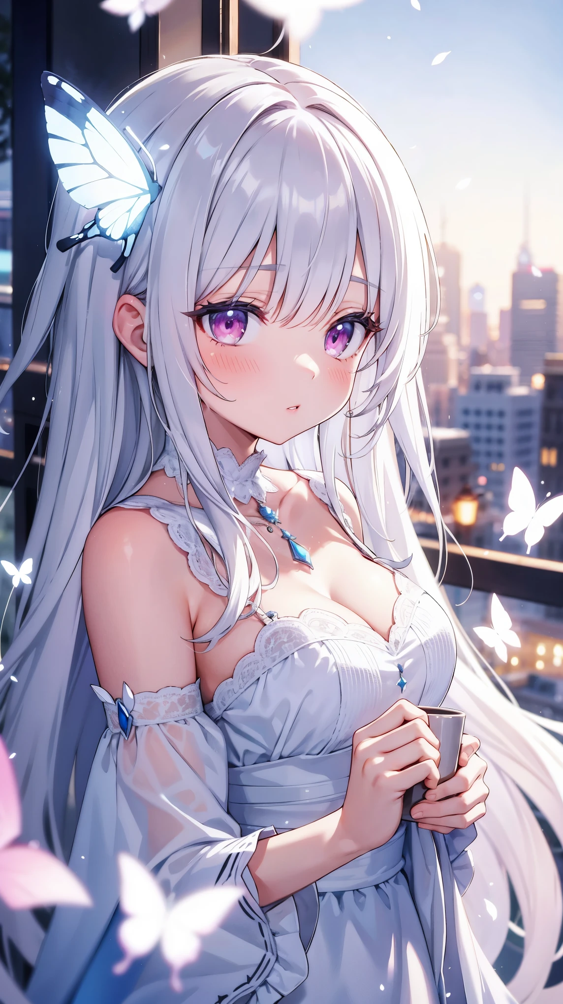 masterpiece, highest quality, (solo focus), (perfect face:1.1), (high detail:1.2), an angelic woman with long white hair, pink eyes, butterflies, she's surrounded by magic, wearing a white dress, pouty lips, angelic city detailed background, cinematic lighting, light volumetric lighting, majestic bokeh
