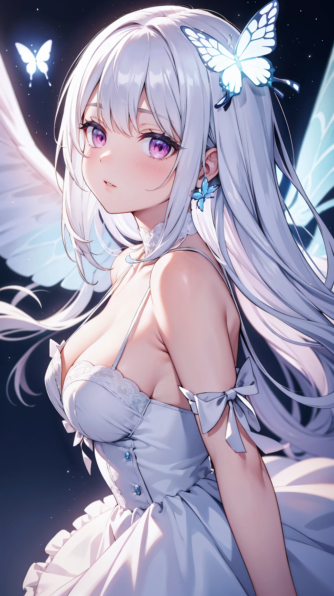 masterpiece, highest quality, (solo focus), (perfect face:1.1), (high detail:1.2), an angelic woman with long white hair, pink eyes, butterflies, she's surrounded by magic, wearing a white dress, pouty lips, angelic city detailed background, cinematic lighting, light volumetric lighting, majestic bokeh
