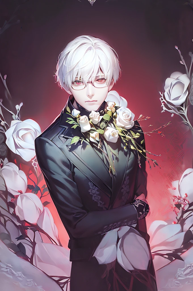 ken_kaneki, side_face, tall, wearing a suit, have white hair, tokyo ghoul, wearing_glasses, beautiful art, solo, masterpiece, best quality, detailed face, detailed eyes, highres, ((((( a white garden with red roses background)))))