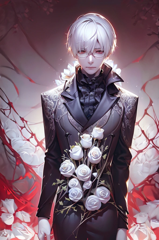ken_kaneki, side_face, tall, wearing a suit, have white hair, tokyo ghoul, wearing_glasses, beautiful art, solo, masterpiece, best quality, detailed face, detailed eyes, highres, ((((( a white garden with red roses background)))))