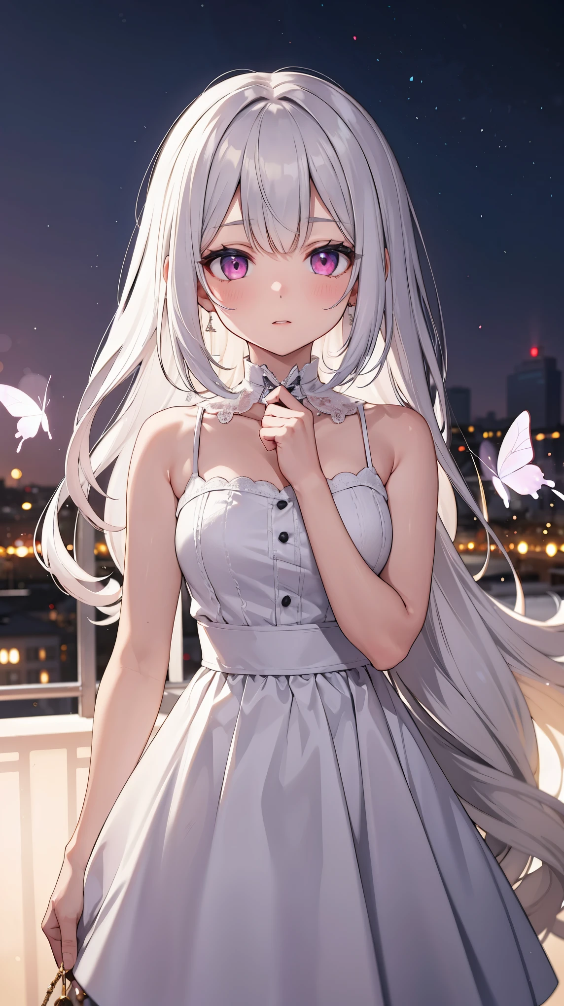 masterpiece, highest quality, (solo focus), (perfect face:1.1), (high detail:1.2), an angelic woman with long white hair, pink eyes, butterflies, she's surrounded by magic, wearing a white dress, pouty lips, angelic city detailed background, cinematic lighting, light volumetric lighting, majestic bokeh
