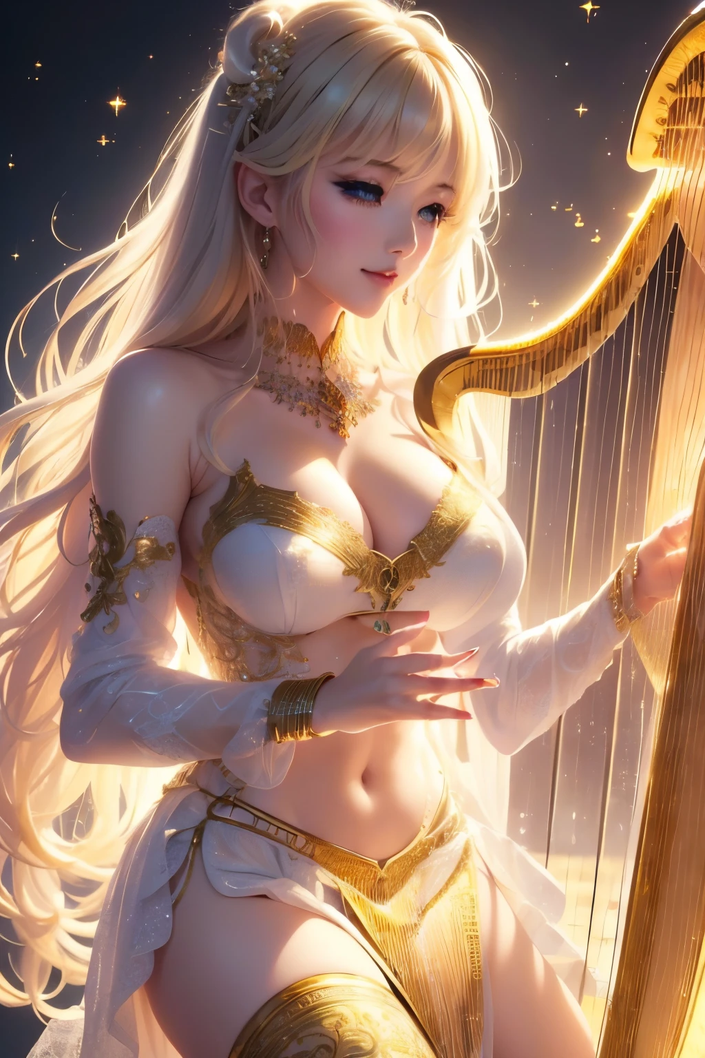 best quality, 32k, RAW photo, incredibly absurdres, extremely detailed, delicate texture, beautiful goddess playing (a large shining gold plated harp:1.4), wearing white lace see-through hagoromo, background fantastic haze, scattered gold powder, iridescent pastel colors, wind-effect, light-effect, professional lighting:1.4)