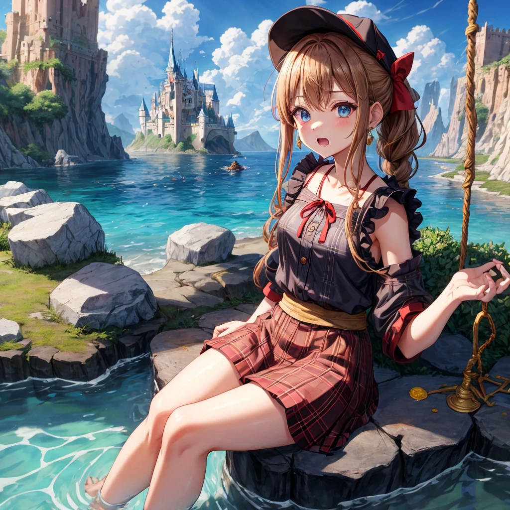 reddish-brown blonde、blue eyes、Braid、ponytail、one good looking girl、solo、anime、plaid mini skirt、the skirt has buttons、camisole、black t-shirt、dress、wearing a ribbon、ribbon at waist、cloak、Crystal Grotto、hood、desert、clouds are swirling、stone slabs are piled up、one hand raised、Wearing a baseball cap 、crystal earrings、sun、sitting、gold coins are falling、teeth are visible、splash of water、monster castle、have a world map、bow、Swing