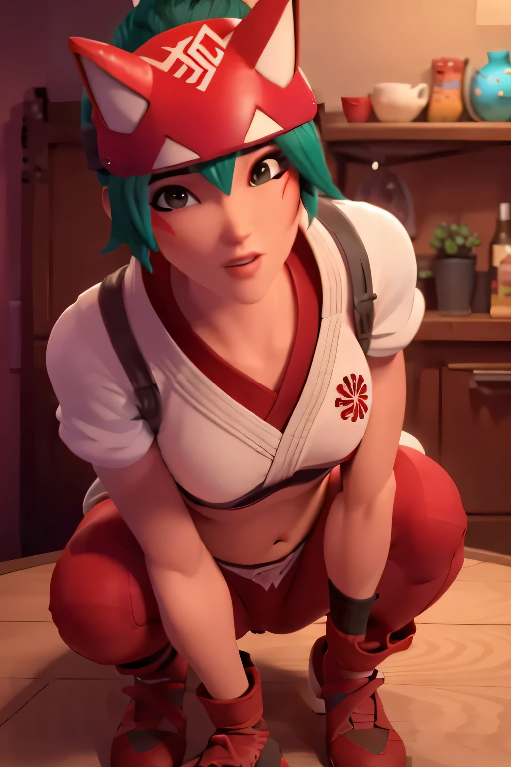  (owkiriko), kiriko \(overwatch\), green hair:0.7, red fox helmet, red sneakers, outside, blushing, underwear, lingerie, ass, , nsfw, bending over, sexy, bra