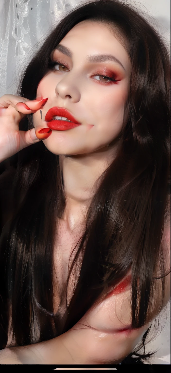 a close up of a woman with long black hair and a Red lipstick, thick Red lips, Red lips, thick lips, sexy Red lips, with very thin lips, faint Red lips, small and thick Red lips, luscious Red lips, imagem de perfil, big Red lips, fleshy lips, fleshy lips, com longos cabelos escuros, very fleshy lips, com cabelo preto