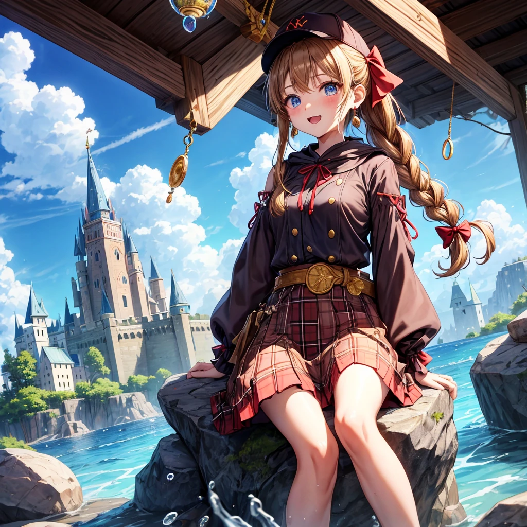 reddish-brown blonde、blue eyes、Braid、ponytail、one good looking girl、solo、anime、plaid mini skirt、the skirt has buttons、camisole、black t-shirt、dress、wearing a ribbon、ribbon at waist、cloak、Crystal Grotto、hood、desert、clouds are swirling、stone slabs are piled up、one hand raised、Wearing a baseball cap 、crystal earrings、sun、sitting、gold coins are falling、teeth are visible、splash of water、monster castle、have a world map、bow、Swing、ceiling
