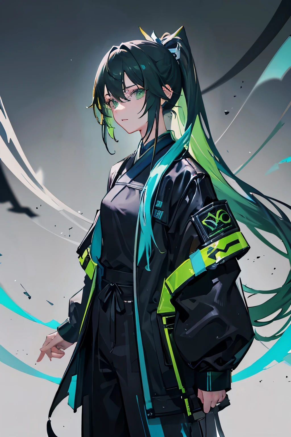 long ponytail、Jade-colored hair、black clothes、cyber punk、pants、coat、beautiful boy、Japanese clothing