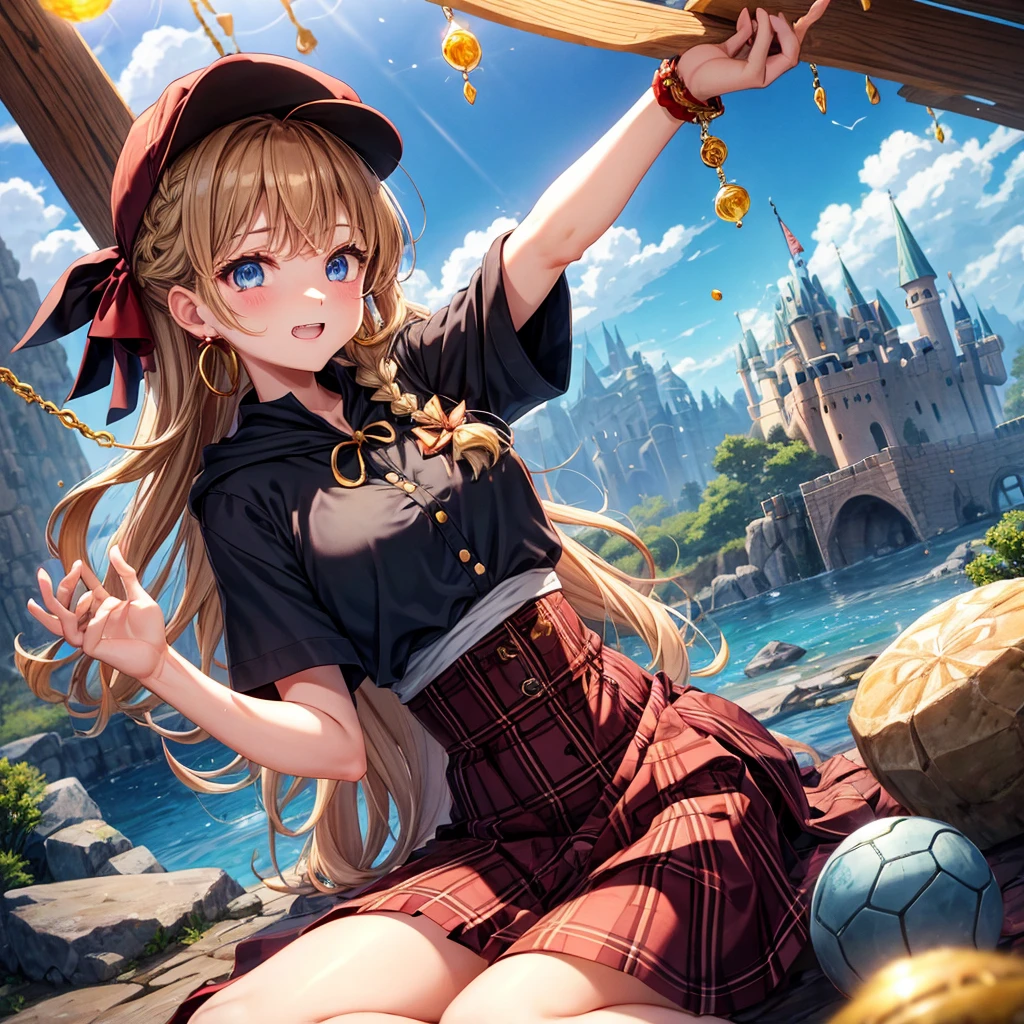reddish-brown blonde、blue eyes、Braid、ponytail、one good looking girl、solo、anime、plaid mini skirt、the skirt has buttons、camisole、black t-shirt、dress、wearing a ribbon、ribbon at waist、cloak、Crystal Grotto、hood、desert、clouds are swirling、stone slabs are piled up、one hand raised、Wearing a baseball cap 、crystal earrings、sun、sitting、gold coins are falling、teeth are visible、splash of water、monster castle、have a world map、bow、Swing、ceiling
