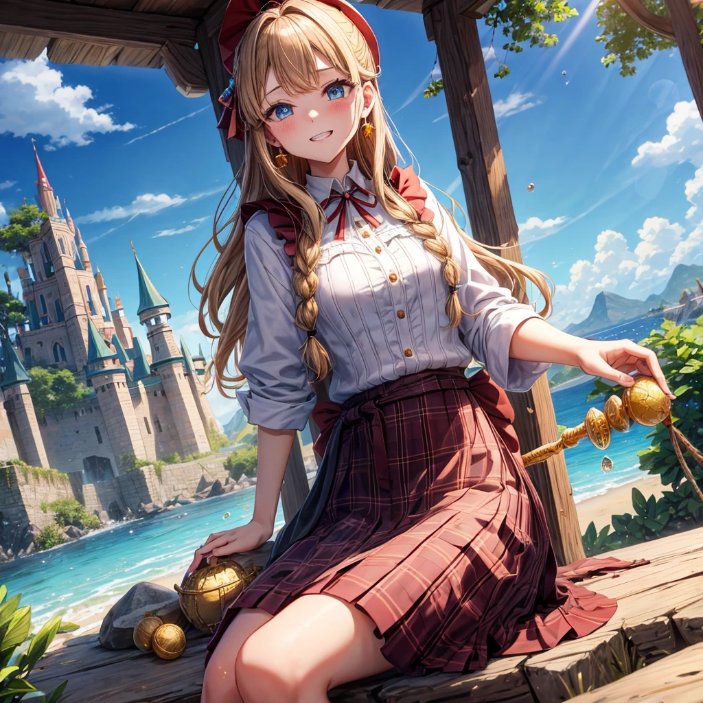 reddish-brown blonde、blue eyes、Braid、ponytail、one good looking girl、solo、anime、plaid mini skirt、the skirt has buttons、camisole、black t-shirt、dress、wearing a ribbon、ribbon at waist、cloak、Crystal Grotto、hood、desert、clouds are swirling、stone slabs are piled up、one hand raised、Wearing a baseball cap 、crystal earrings、sun、sitting、gold coins are falling、teeth are visible、splash of water、monster castle、have a world map、bow、Swing、ceiling
