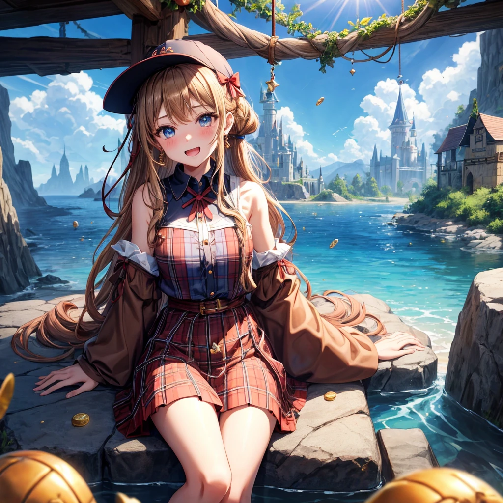 reddish-brown blonde、blue eyes、Braid、ponytail、one good looking girl、solo、anime、plaid mini skirt、the skirt has buttons、camisole、black t-shirt、dress、wearing a ribbon、ribbon at waist、cloak、Crystal Grotto、hood、desert、clouds are swirling、stone slabs are piled up、one hand raised、Wearing a baseball cap 、crystal earrings、sun、sitting、gold coins are falling、teeth are visible、splash of water、monster castle、have a world map、bow、Swing、ceiling