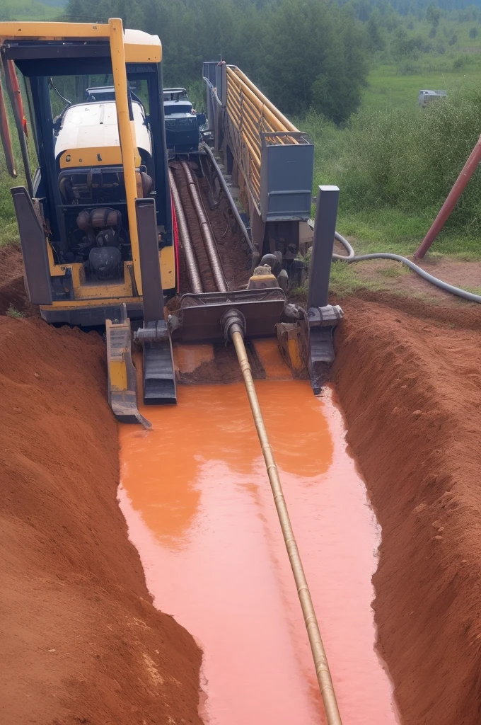 plowing machine is working on a construction site with a hose, gold pipelines, dug Stanat, innovative, with pipes attached to it, heavy line work, Drainage core, excavation, 8k. fill of view, lavs flowing through the earth, Water pipe, oil ????, extremely high quality, hard and raw pioneering work, oil lines