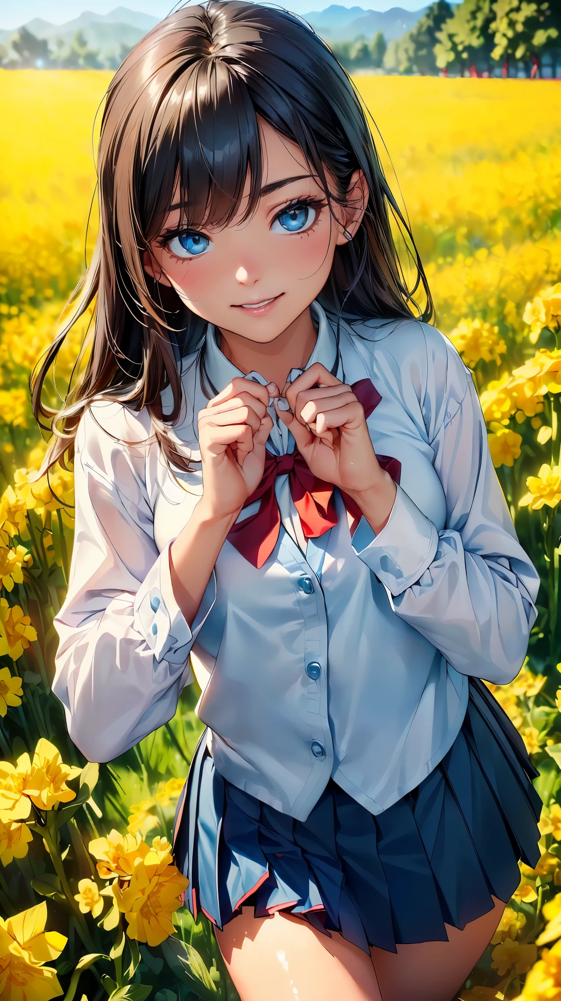 (8K, RAW photo, 最high quality, masterpiece:1.2), High-definition RAW color photo, professional photography, concept art, (((1人のlikeい女性))), (sharp features), (small face), (high detail skin:1.2), clavicle, cute face, beautiful appearance, beautiful eyelashes, (blonde, blue colored eyes, long hair), (beautiful breasts), (slim body shape:1.4), Highly detailed face and skin texture, detailed eyes, double eyelid, ((bright yellow flower field;1.2, rape blossom field, Beautiful high school girl running through a flower field)), wood々Soft sunlight shining through, Delicate petals dancing in the breeze, Natural beauty in full bloom, soft blue sky, A gentle shadow that emits an elegant shine, Dew drops shining on various petals, flowing, Elegant movement, (((Joyful expression, smile:1.2, open your mouth and laugh))), dreamy atmosphere, ((, private high school uniform, white shirt and red tie, dark blue pleated skirt:1.5)), Clothes fluttering in the refreshing breeze, dynamic motion blur effect, like々new energy, beautiful skin, shiny skin, (((perfect fingers, five fingers, anatomically correct))), background bokeh, high quality, bright colors, ((award winning photography, Realistic light and shadow with attention to detail)), Immersive 3D rendering, Professional 3D artistry,
