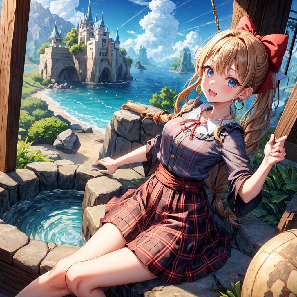 reddish-brown blonde、blue eyes、Braid、ponytail、one good looking girl、solo、anime、plaid mini skirt、the skirt has buttons、camisole、black t-shirt、dress、wearing a ribbon、ribbon at waist、cloak、Crystal Grotto、hood、desert、clouds are swirling、stone slabs are piled up、one hand raised、Wearing a baseball cap 、crystal earrings、sun、sitting、gold coins are falling、teeth are visible、splash of water、monster castle、have a world map、bow、Swing、ceiling