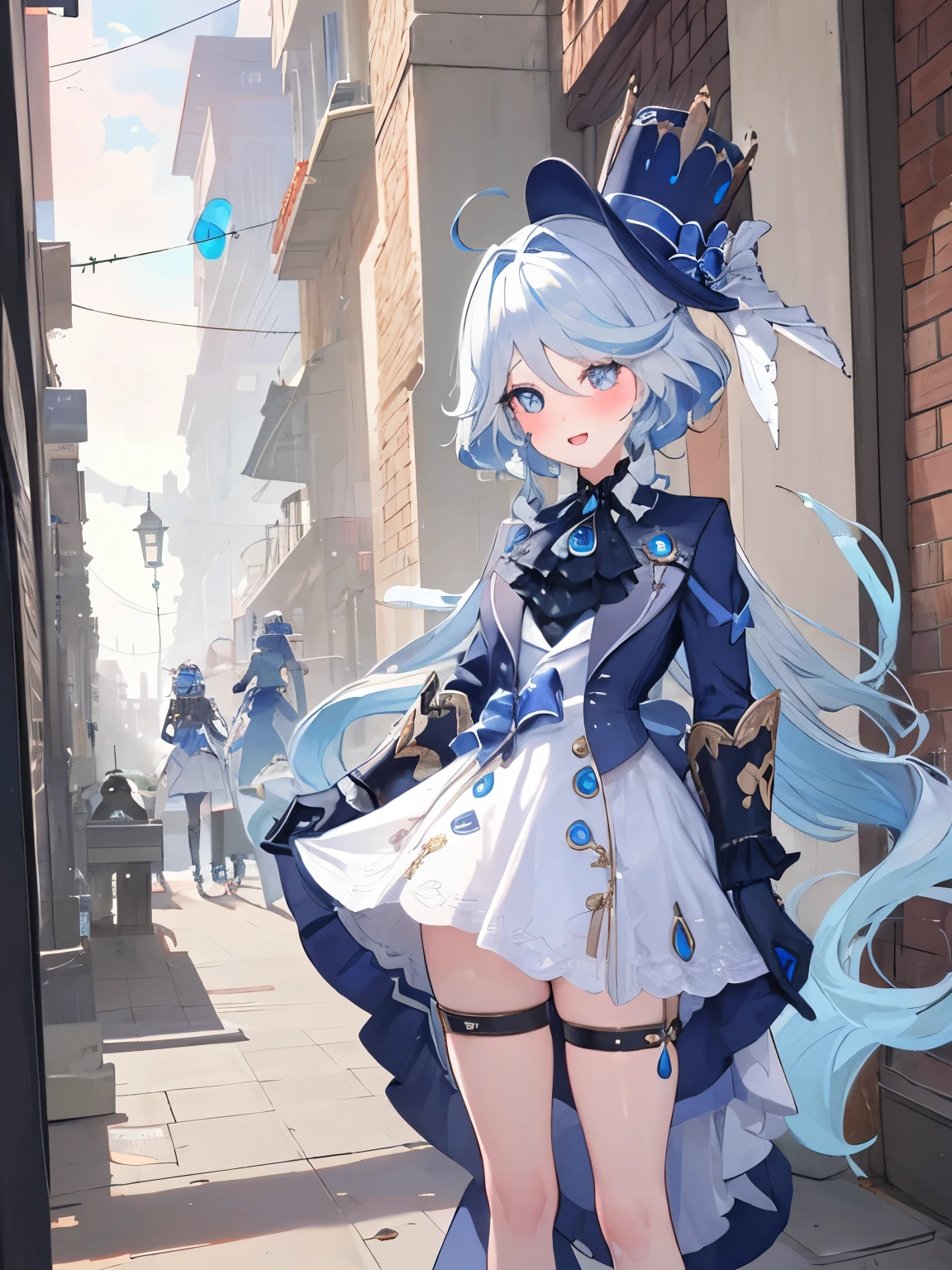((masterpiece,best quality)), high resolution, 2 girls, heterochromia, standing back to back, Simple backgroundADDCOMM 1girl, Forina, blue hat, Gloves, open mouth, Smile BREAK
1girl, focus, long sleeves, hollow dress, Smile，blush，Pick up a hat，The nuclear fusion spacecraft takes off behind you