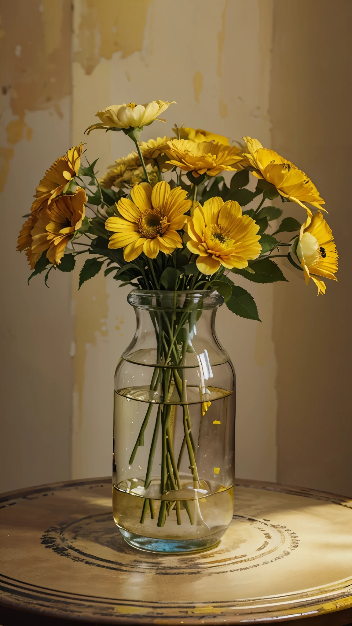 There are flowers in a vase, bella, painting style, painting이다, paint flows, painting, Mostly yellow,Beautiful flowers,I'm vague