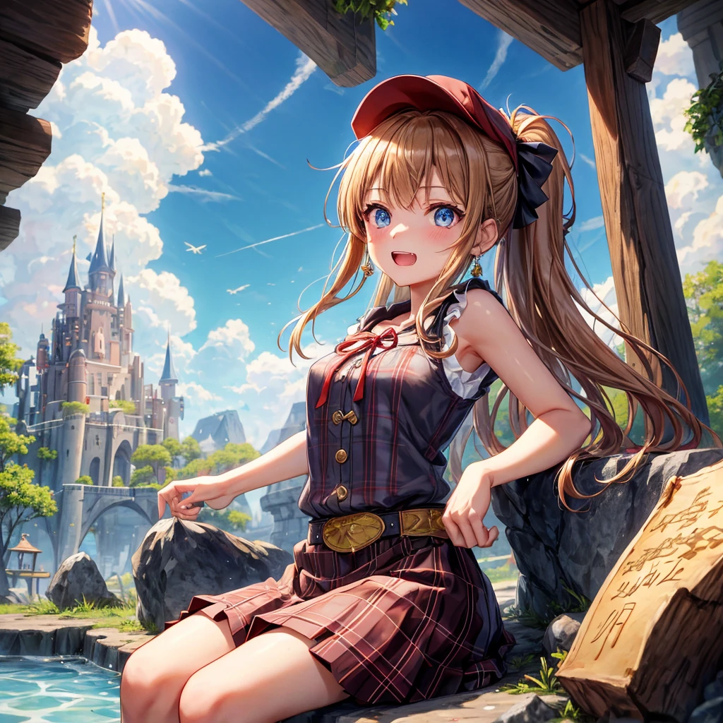 reddish-brown blonde、blue eyes、Braid、ponytail、one good looking girl、solo、anime、plaid mini skirt、the skirt has buttons、camisole、black t-shirt、dress、wearing a ribbon、ribbon at waist、cloak、Crystal Grotto、hood、desert、clouds are swirling、stone slabs are piled up、one hand raised、Wearing a baseball cap 、crystal earrings、sun、sitting、gold coins are falling、teeth are visible、splash of water、monster castle、have a world map、bow、Swing、ceiling