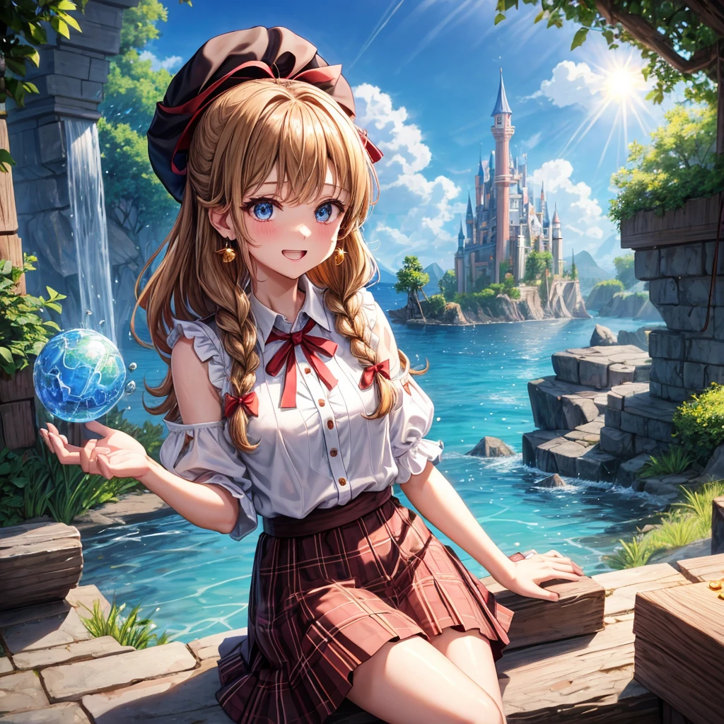 reddish-brown blonde、blue eyes、Braid、ponytail、one good looking girl、solo、anime、plaid mini skirt、the skirt has buttons、camisole、black t-shirt、dress、wearing a ribbon、ribbon at waist、cloak、Crystal Grotto、hood、desert、clouds are swirling、stone slabs are piled up、one hand raised、Wearing a baseball cap 、crystal earrings、sun、sitting、gold coins are falling、teeth are visible、splash of water、monster castle、have a world map、bow、Swing、ceiling
