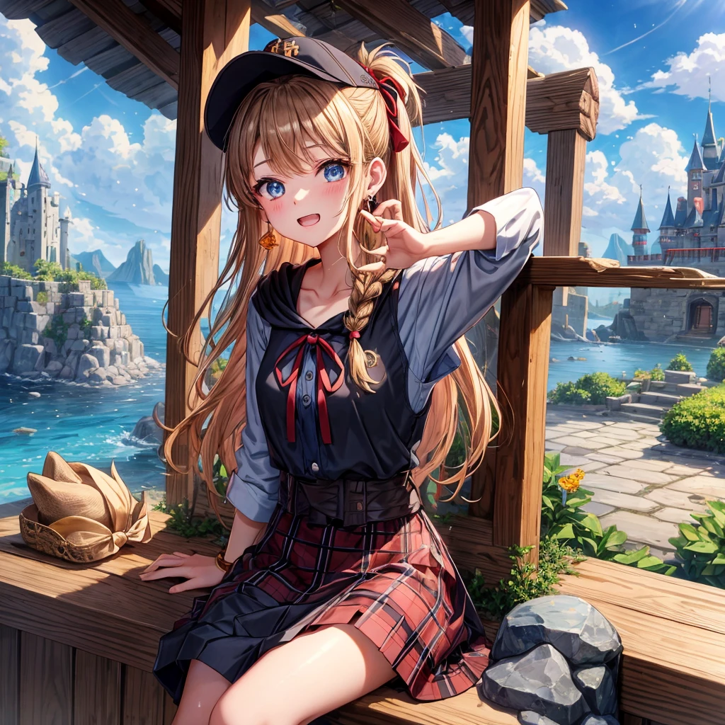 reddish-brown blonde、blue eyes、Braid、ponytail、one good looking girl、solo、anime、plaid mini skirt、the skirt has buttons、camisole、black t-shirt、dress、wearing a ribbon、ribbon at waist、cloak、Crystal Grotto、hood、desert、clouds are swirling、stone slabs are piled up、one hand raised、Wearing a baseball cap 、crystal earrings、sun、sitting、gold coins are falling、teeth are visible、splash of water、monster castle、have a world map、bow、Swing、ceiling