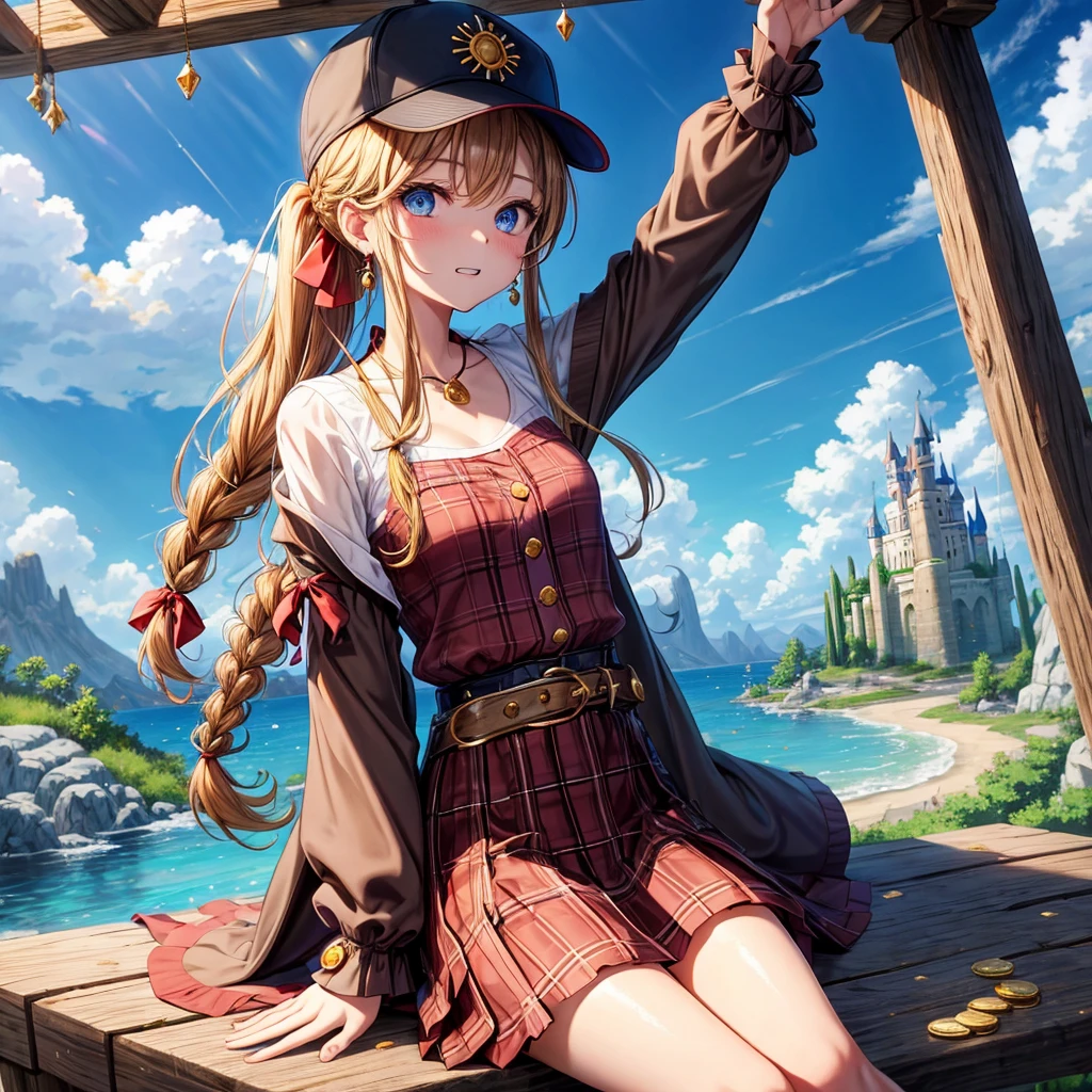 reddish-brown blonde、blue eyes、Braid、ponytail、one good looking girl、solo、anime、plaid mini skirt、the skirt has buttons、camisole、black t-shirt、dress、wearing a ribbon、ribbon at waist、cloak、Crystal Grotto、hood、desert、clouds are swirling、stone slabs are piled up、one hand raised、Wearing a baseball cap 、crystal earrings、sun、sitting、gold coins are falling、teeth are visible、splash of water、monster castle、have a world map、bow、Swing、ceiling