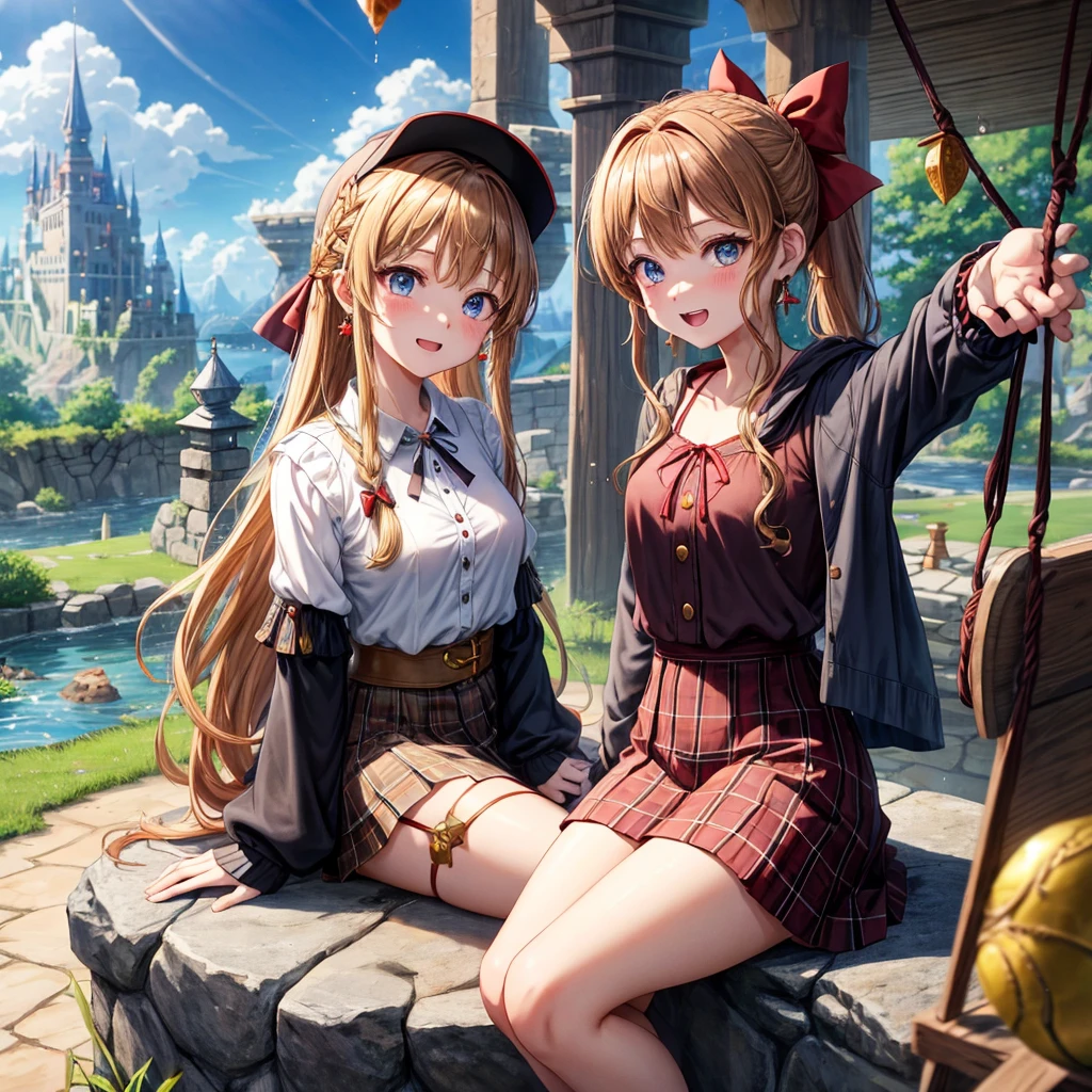 reddish-brown blonde、blue eyes、Braid、ponytail、one good looking girl、solo、anime、plaid mini skirt、the skirt has buttons、camisole、black t-shirt、dress、wearing a ribbon、ribbon at waist、cloak、Crystal Grotto、hood、desert、clouds are swirling、stone slabs are piled up、one hand raised、Wearing a baseball cap 、crystal earrings、sun、sitting、gold coins are falling、teeth are visible、splash of water、monster castle、have a world map、bow、Swing、ceiling