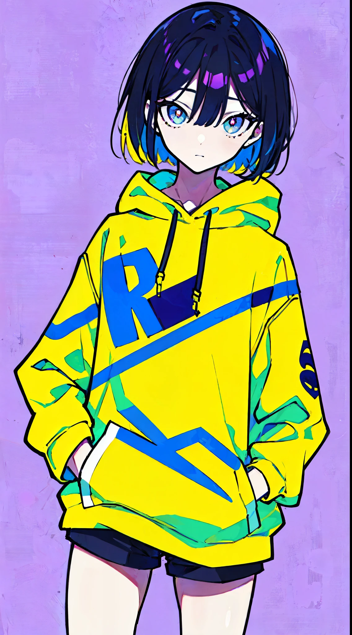 (masterpiece, highest quality:1.6), alone, thick outline, (simple background, bright purple background, monochrome, beautiful yellow theme:1.2), official art, Key Visual, 8k, confused, whole body, (unique hair, oversized hoodie, hot pants, wearing a hood, arch back, short torso, bob hair:1.2), belly button, thighs, cowboy shot, HDR, sharp focus, High resolution, most detailed, very detailed, Super detailed, finely, detailed eyes and face, sharp pupils, realistic student, alone, yellow and purple contrast ratio, alone, put one&#39;s hand in one&#39;s pocket
