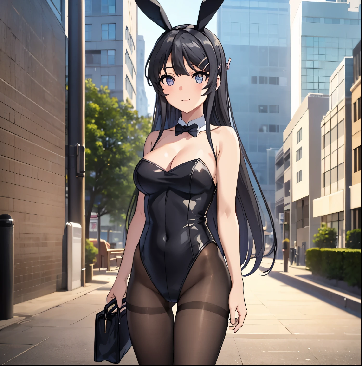 (sakurajima mai), 1 girl, alone, long black hair, bangs, hair clip, blue eyes, hair clip, hair ornaments, black bunny ears, (black bunny suit), black pantyhose, leotard without suspenders, bare shoulders, bare arms, (cleavage, large breasts), medium waist, wide hips, medium thighs, high heels, full body, (light smile), standing, walking on the street, sunset, (looking at viewer) , (cowboy shot), (Masterpiece, Best Quality, High Quality), (colorful), volumetric light, ray tracing, Extremely detailed 8k unity CG wallpaper, outdoors, cityscape, Buildings, streets, flowers , green plants, perfect anatomy, perfect hands