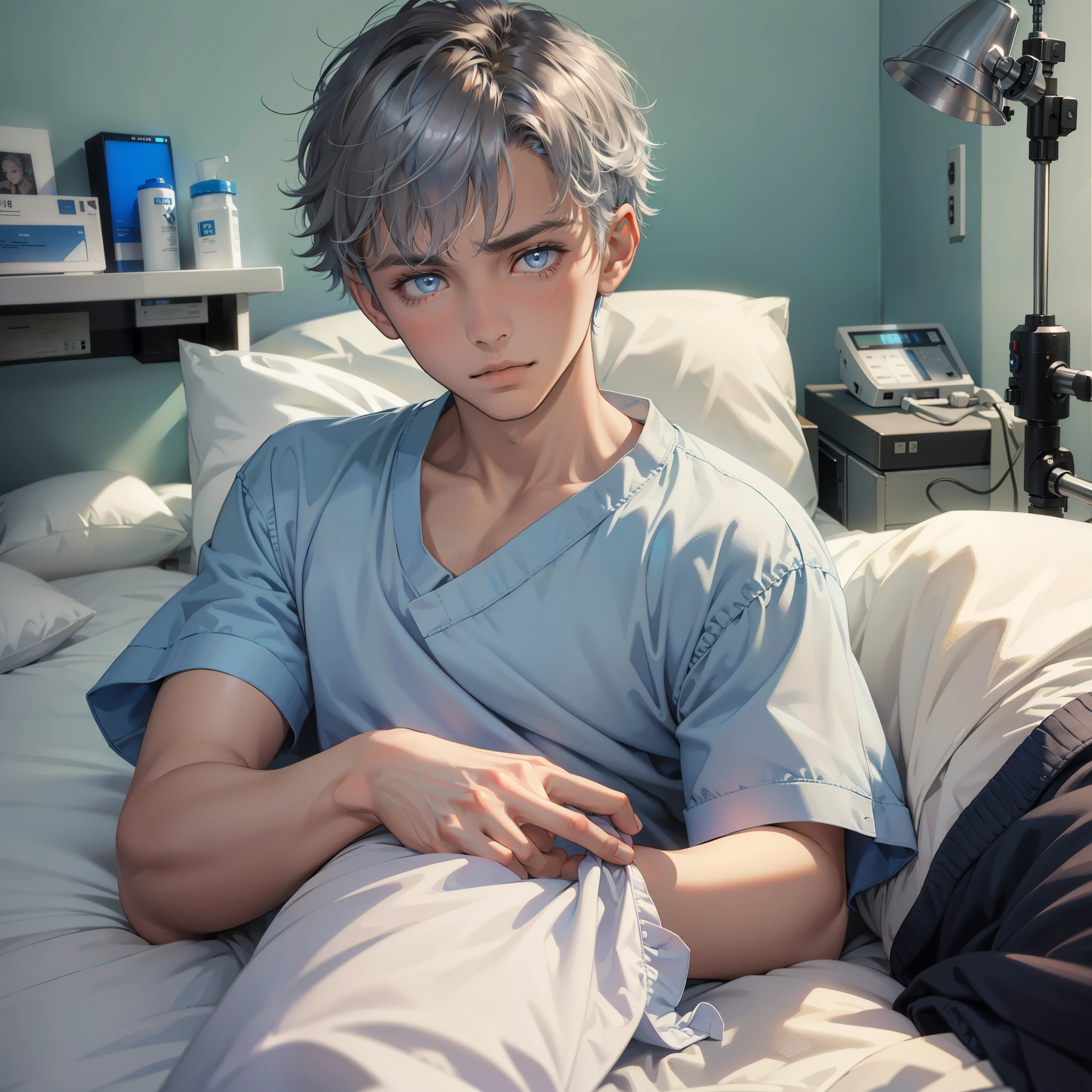 16 year old man with short silver hair blue eyes., en bata de dormir en su cama blanca , esta en su habitacion, acostado en la cama, antecedentes hospitalarios, retroiluminado, accentuated projection