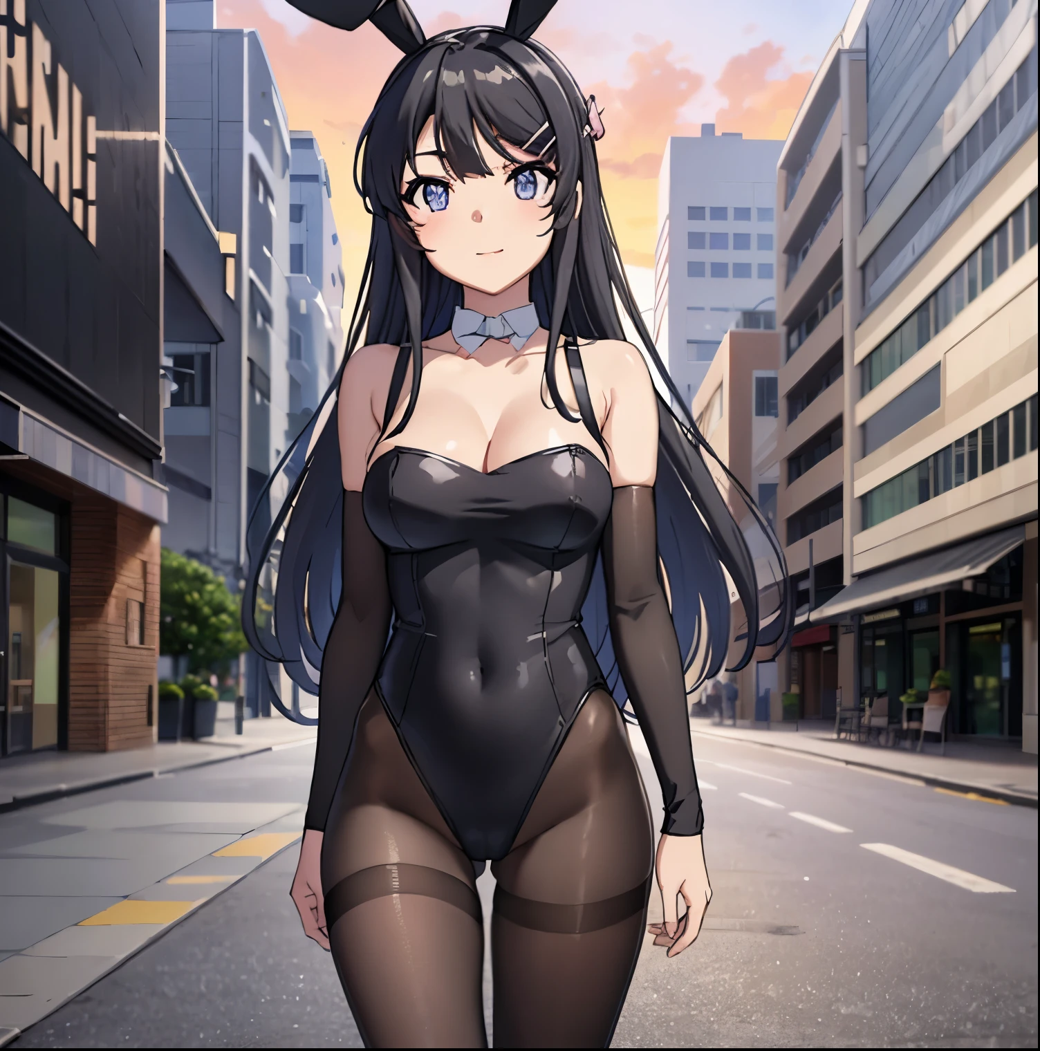 (sakurajima mai), 1 girl, alone, long black hair, bangs, hair clip, blue eyes, hair clip, hair ornaments, black bunny ears, (black bunny suit), black pantyhose, leotard without suspenders, bare shoulders, bare arms, (cleavage, large breasts), medium waist, wide hips, medium thighs, high heels, full body, (light smile), standing, walking on the street, sunset, (looking at viewer) , (cowboy shot), (Masterpiece, Best Quality, High Quality), (colorful), volumetric light, ray tracing, Extremely detailed 8k unity CG wallpaper, outdoors, cityscape, Buildings, streets, flowers , green plants, perfect anatomy, perfect hands