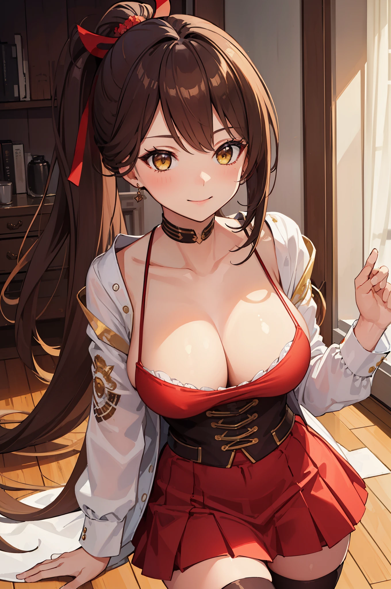 (masterpiece, best quality:1.2), illustration, 8k, hd, solo, 1girl, long hair, brown hair, breasts, large breasts, bangs, yellow eyes, blush, cleavage, very long hair, hair ornament, smile, collarbone, brown eyes, ponytail, red shirt, white jacket, indoors, thigh-highs, standing, white skirt,