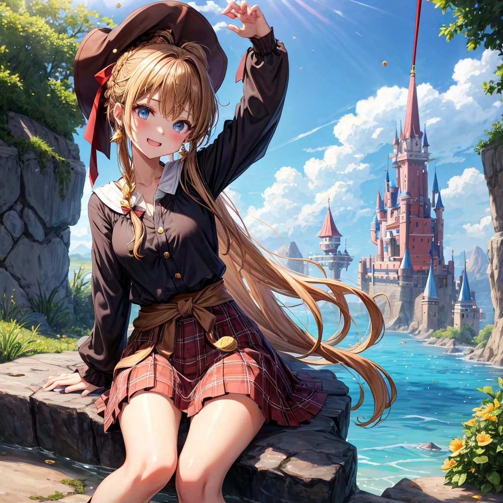 reddish-brown blonde、blue eyes、Braid、ponytail、one good looking girl、solo、anime、plaid mini skirt、the skirt has buttons、camisole、black t-shirt、dress、wearing a ribbon、ribbon at waist、cloak、Crystal Grotto、hood、desert、clouds are swirling、stone slabs are piled up、one hand raised、Wearing a baseball cap 、crystal earrings、sun、sitting、gold coins are falling、teeth are visible、splash of water、monster castle、have a world map、bow、Swing、ceiling