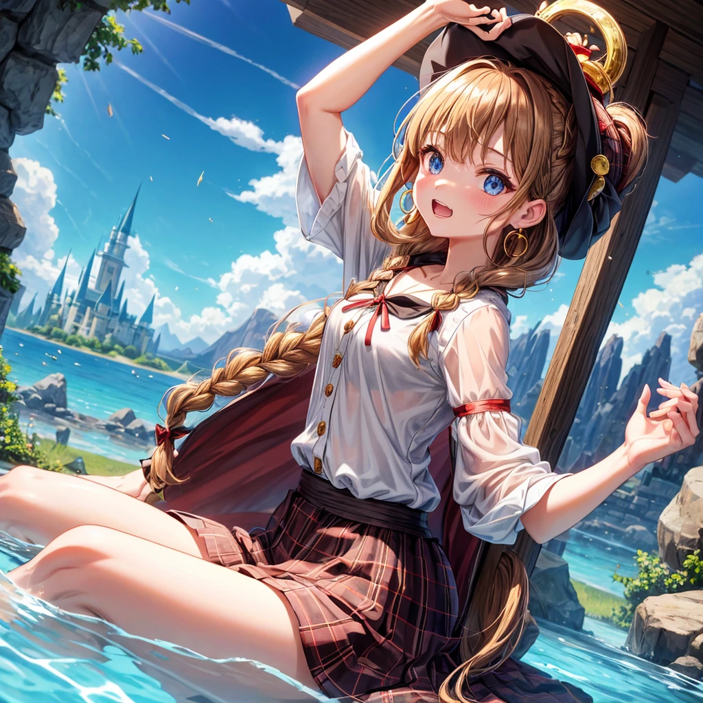 reddish-brown blonde、blue eyes、Braid、ponytail、one good looking girl、solo、anime、plaid mini skirt、the skirt has buttons、camisole、black t-shirt、dress、wearing a ribbon、ribbon at waist、cloak、Crystal Grotto、hood、desert、clouds are swirling、stone slabs are piled up、one hand raised、Wearing a baseball cap 、crystal earrings、sun、sitting、gold coins are falling、teeth are visible、splash of water、monster castle、have a world map、bow、Swing、ceiling