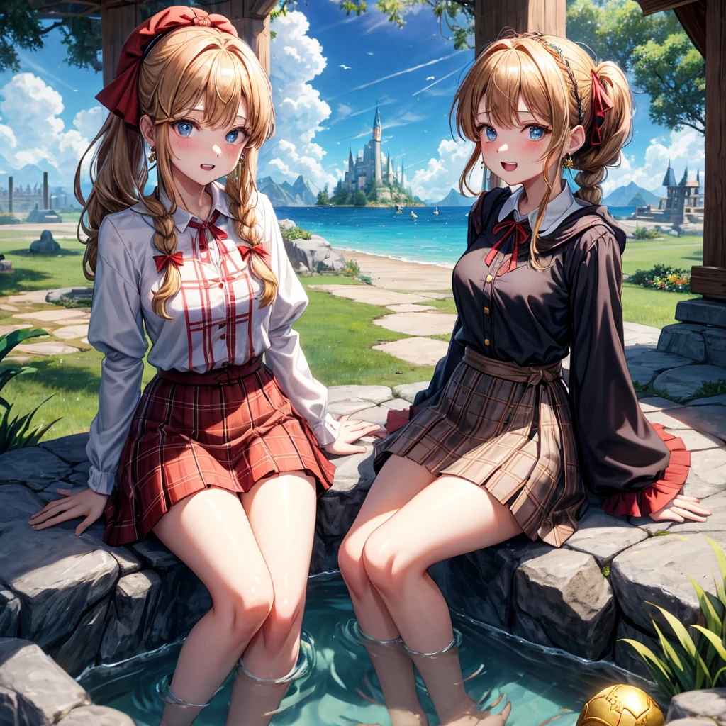 1 person, young - beautiful, white shirt, black hair, 4 blonde girls, students, sitting on the ground - sexy, cheerful, sun, half: 1.2, joy: 1.2, animation, surrealism. Fantastic landscape, academy of magic and arts. High quality, masterpiece. FUl HD. 16 K. Hand-drawn style, (Riot games), (League of Legends). Thin Line, color fill, bright-rich colors, nature, flowers, blue sky.